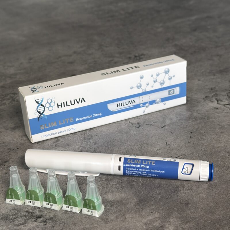 Dental whitening kit featuring a white-and-blue Hiluva box, a syringe-like applicator, and five small green ampoules.