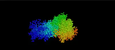 Three-dimensional molecular model of the VIR-576 peptide, showing the folded amino acid chain